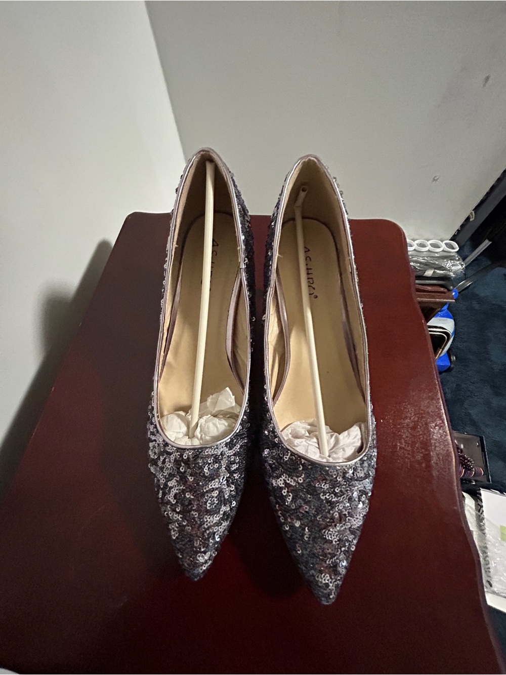 Ashro Silver Sequin Pointed Toe Heels